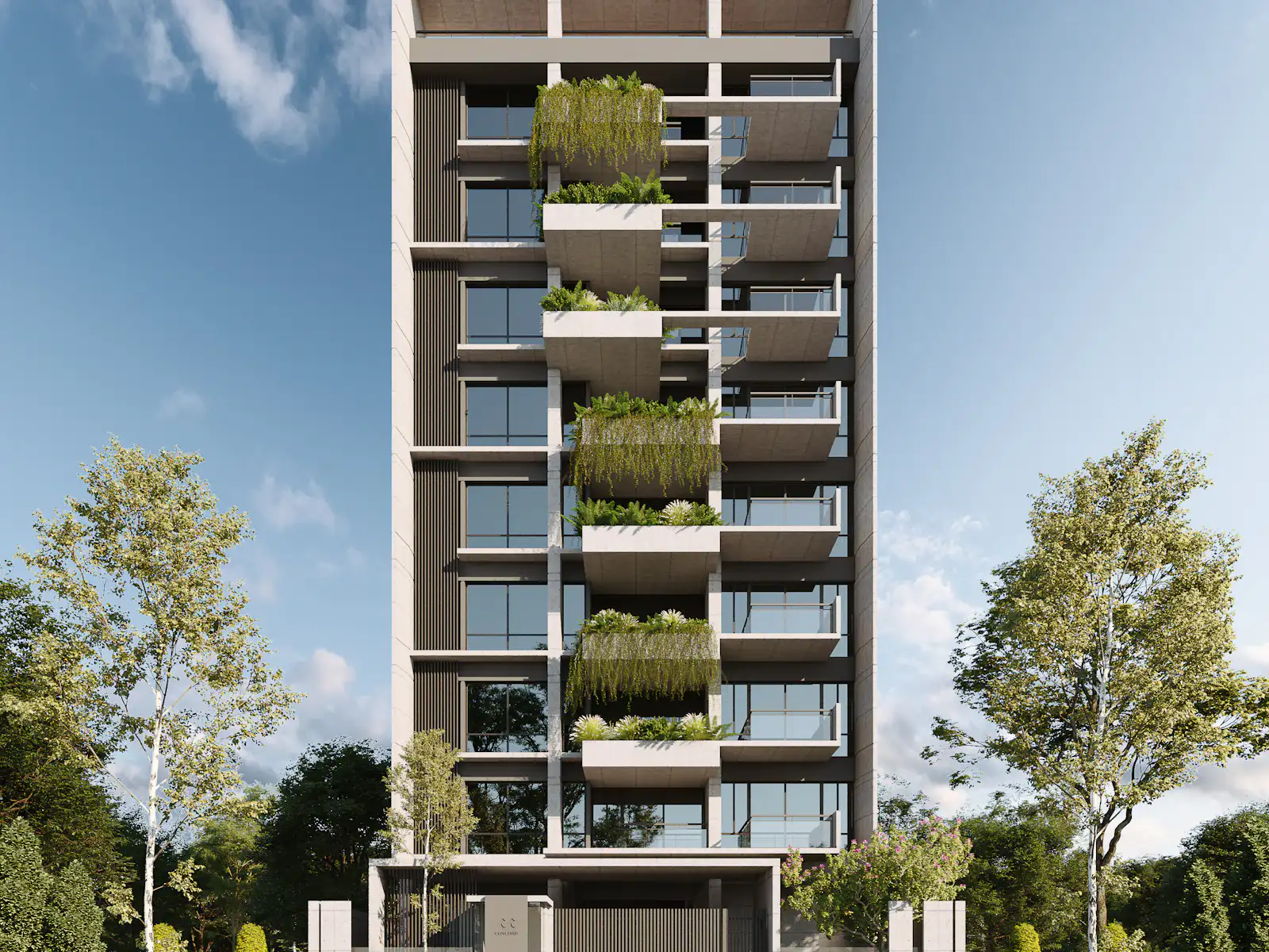 Modernes Wohnhochhaus mit begrünten Balkonen