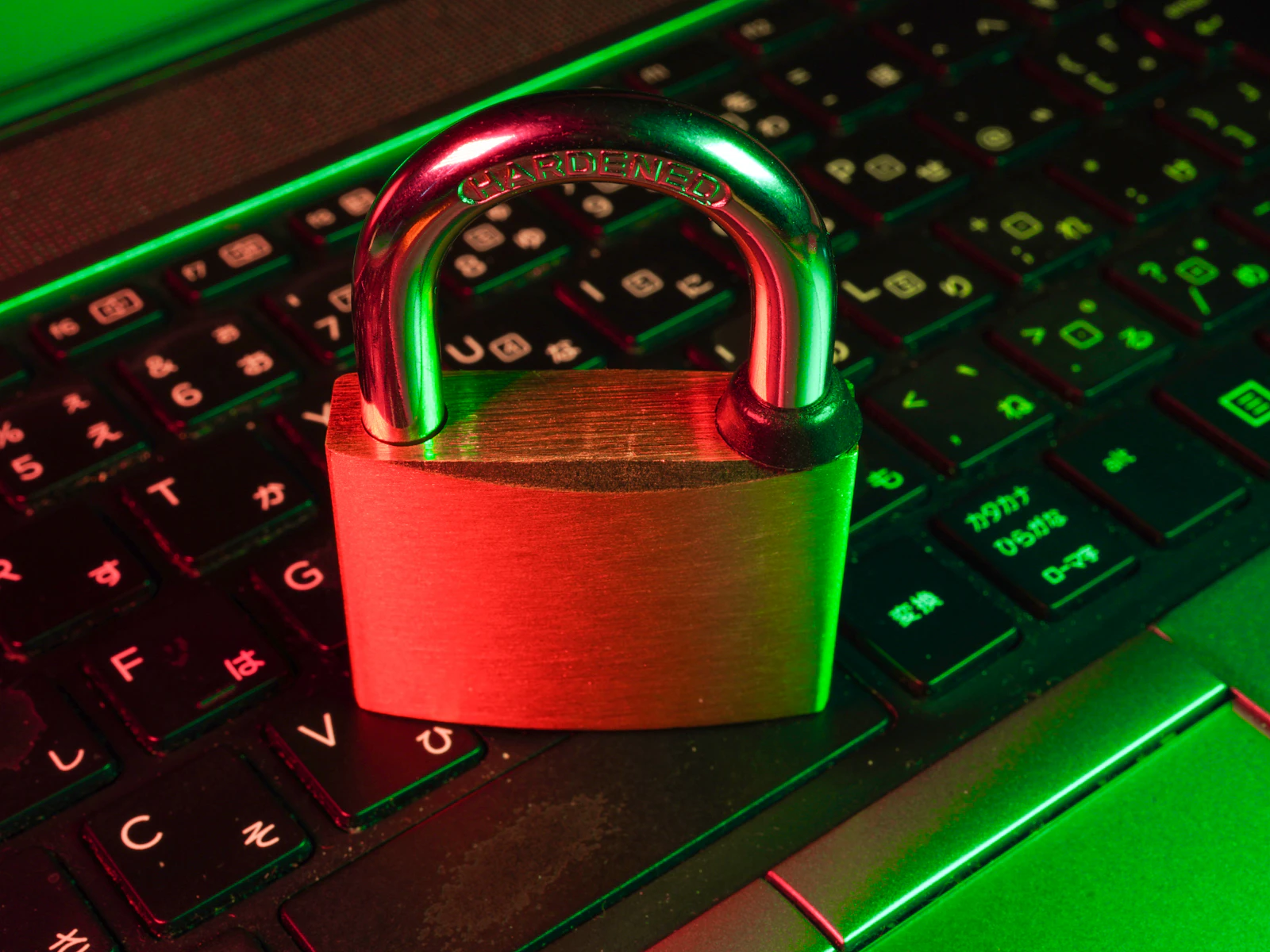 Padlock on a laptop keyboard in red and green light